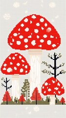 Poster - Cross stitch mushrooms pattern agaric fungus.