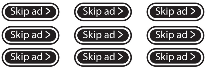 Skip Ad vector button set. Skipping ads buttons icons. Comercial control icon set.