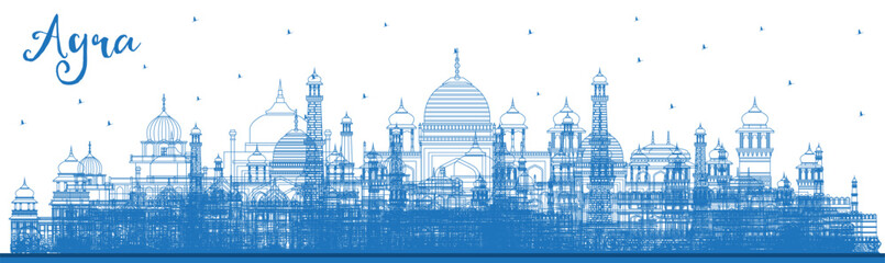 Wall Mural - Outline Agra India City Skyline with Blue Buildings. Business Travel and Tourism Concept with Historic Architecture. Agra Uttar Pradesh Cityscape with Landmarks.