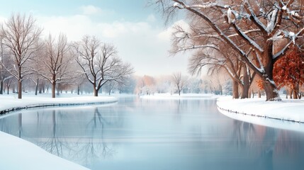 Wall Mural - A picturesque winter scene showcasing a snowy landscape, bare trees, and a peaceful atmosphere, creating a tranquil and enchanting view of the cold season.