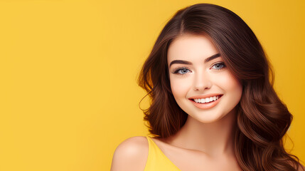 Portrait of a smiling cheerful teenage girl with perfect skin, yellow background, banner.