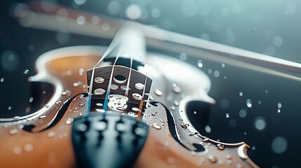 Poster - extreme close-up of a violin's f-hole, wood grain and varnish details visible, dust particles floati