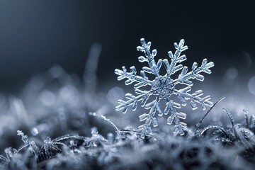 Poster - extreme macro shot of a snowflake on dark background, intricate crystalline structure visible, shall