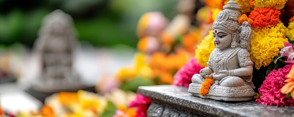 Serene Buddhist Statue Decorated with Flowers