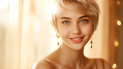 Portrait of a smiling cheerful blonde teenage girl with a short haircut and white hair, golden background, banner.