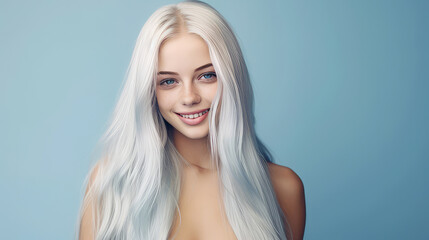 Portrait of a smiling cheerful blond teenage girl with long white hair and perfect skin, light blue background, banner.