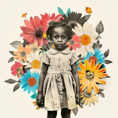 Wall Mural - Paper collage of African little girl flower portrait pattern.