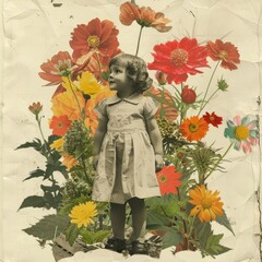 Canvas Print - Paper collage of little girl flower portrait painting.