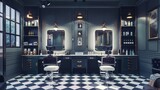An interior layout for a modern, small, hair salon or beauty parlor in luxury style. Include styling chairs with mirrors and sleek storage for tools.