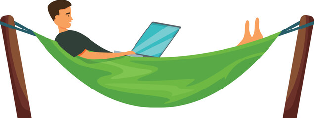 Poster - Freelancer working on laptop lying in hammock, enjoying distant work and relaxing