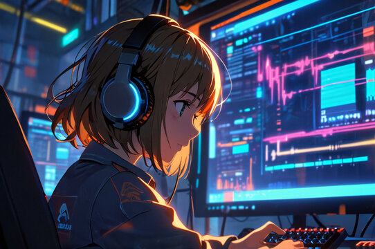 Beautiful anime girl working on a computer while wearing headphones.