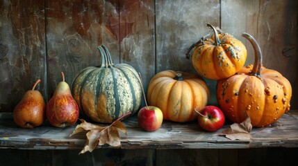 Poster - A rustic wooden shelf displays a still life of autumn fruits and vegetables. There are three pumpkins, two pears, and two apples arranged in a line on the shelf. A single brown leaf lies beneath the f