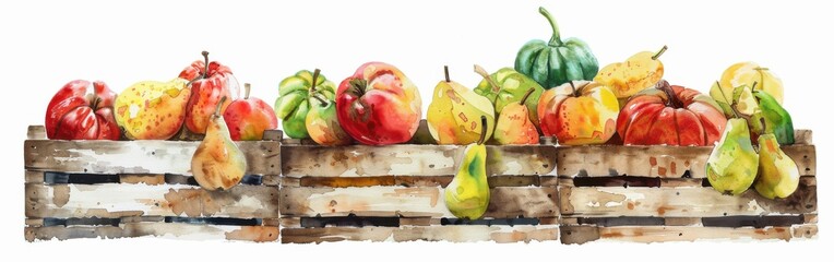 Aufkleber - A watercolor painting depicts a variety of autumn fruit, including apples, pears, and pumpkins, arranged in a wooden crate. The fruit is arranged in a single row across the crate, with the pears and a