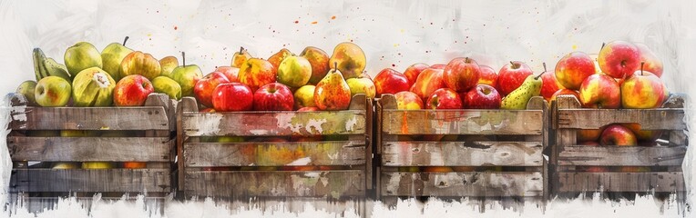 Aufkleber - A watercolor painting of three wooden crates filled with red apples, green pears, and yellow pears, likely at a farmer's market stall. The crates are weathered and worn, adding to the rustic charm of 