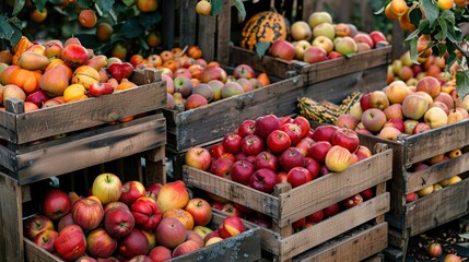 Aufkleber - A collection of wooden crates overflowing with freshly harvested apples, showcasing a variety of colors and sizes. The crates are arranged in a row, with the apples neatly stacked in each crate. Some 