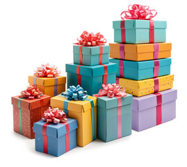 Wall Mural - colorful pile of gifts or stacked gift packages, gift boxes as vibrant stack of presents wrapped and with festive ribbons, isolated