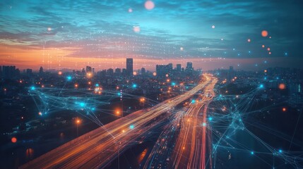 Poster - Cityscape with Illuminated Roads and Abstract Network Connections