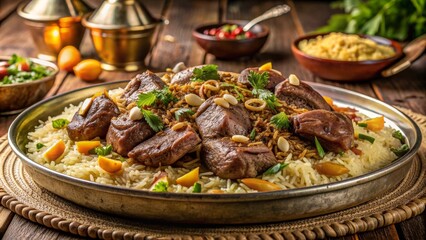 Un plato generoso de kabsa servido en un gran tazón metálico, con piezas de cordero tierno sobre arroz sazonado. Este plato festivo está acompañado de salsas tradicionales y especias, ideal para una c