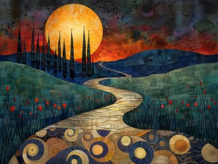 Abstract landscape with a winding path, a large moon, and trees in a mosaic style.