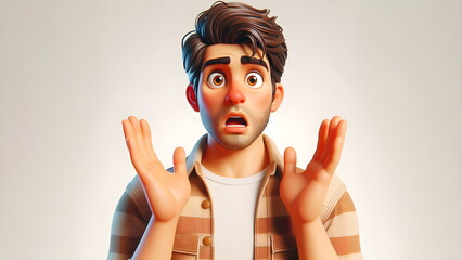 Shocked scared amazed cartoon character adult man male guy person portrait in 3d style design on light background