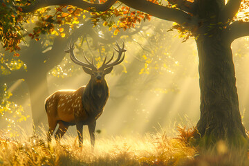 Wall Mural - Majestic deer with antlers standing in a golden forest.