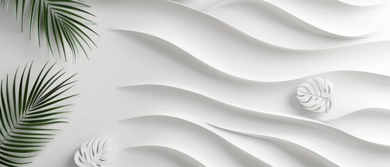 Abstract white wave background with green leaves, minimalist design, modern art, and nature concept.