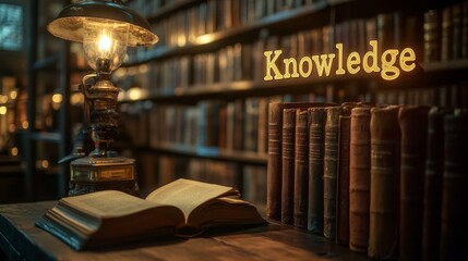 Wall Mural - Vintage library with rows of leather-bound books and a glowing knowledge sign above a dimly lit lamp representing wisdom and education