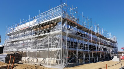 Poster - Scaffolding with weatherproof enclosures and climate control features facilitates year-round construction activities in adverse weather conditions.