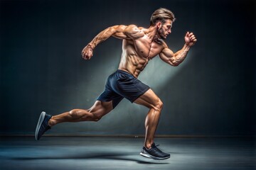 Wall Mural - young muscular man in white t - shirt and black shorts posing against a dark background