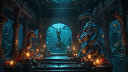 Wall Mural - The Dragon King from Chinese mythology in an underwater palace, surrounded by mystical sea creatures and shining jewels.