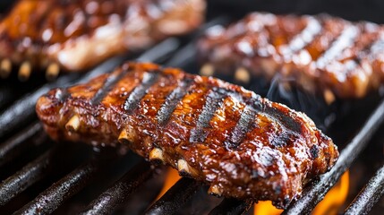 Juicy grilled barbecue ribs on grill with flame background