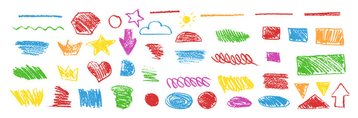 Poster - Colorful underline pencil hand drawn various ellipses, crowns, doodle cloud and sun, arrows, stars and heart. Vector grunge charcoal pencil curly lines, squiggles and shapes. Rough crayon strokes