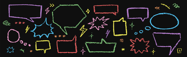Wall Mural - speech bubbles crayon set. collection of hand drawn chalk lightning, flash, stars signs. child color