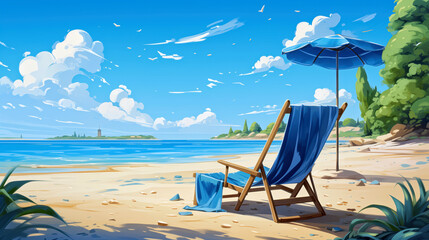 Wall Mural - Beach Chair Under Umbrella On Sunny Day. Oil painting