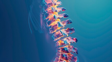 Wall Mural - The image depicts a rendering of a spine, stylized with glowing edges, set against a blue background.