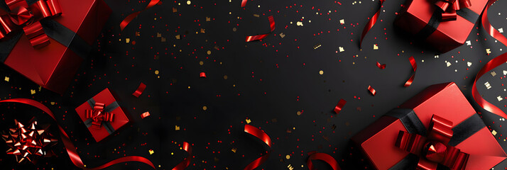 red gift box birthday background confetti anniversary happy party in white black background. Birthday gift box background ribbon card design 3D golden isolated celebrate decoration illustration black 