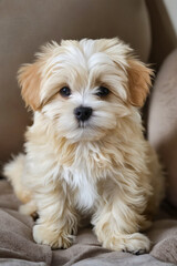 Poster - A small white and brown puppy sitting on a couch