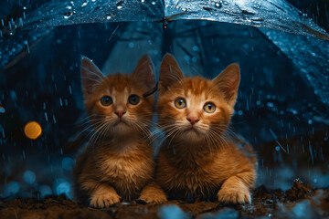 Two kittens under an umbrella in the rain