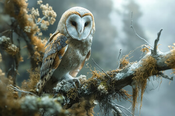 Sticker - A barn owl perched on a tree branch in the woods