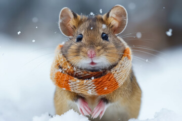 Poster - A hamster wearing a scarf in the snow