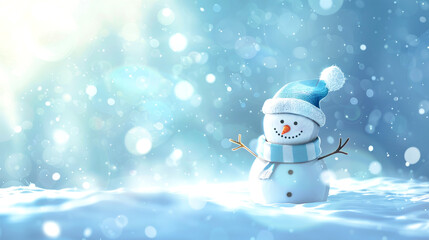 Wall Mural - A charming snowman stands proudly in a snowy field, adorned with a blue hat and scarf, as delicate snowflakes gently fall around him