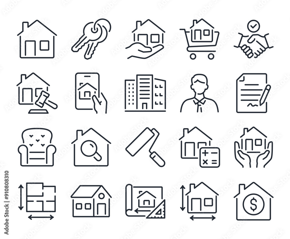 Real estate editable stroke outline icons set isolated on white ...