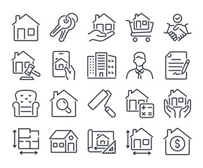 real estate editable stroke outline icons set isolated on white background flat vector illustration.