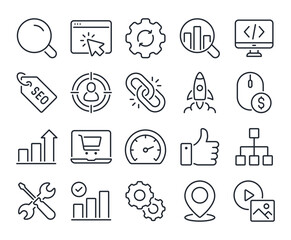 seo search engine optimization editable stroke outline icons set isolated on white background flat v