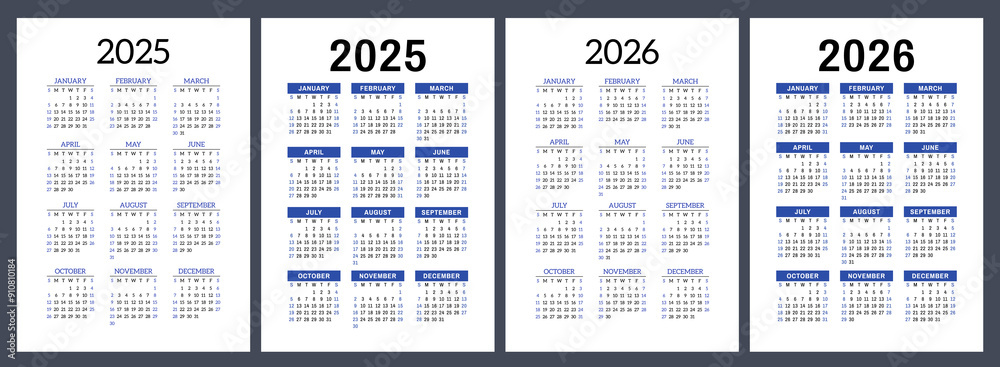 2025 and 2026 calendar set. Vector pocket calender design. Week starts ...