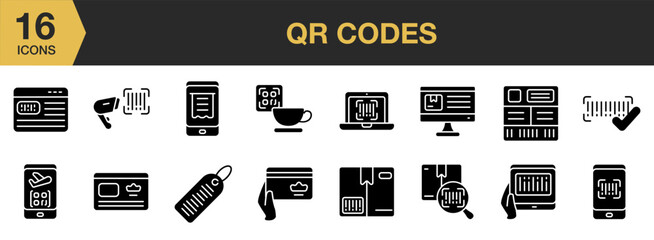 QR Codes Glyph icon set. Includes barcode inventory, barcode scanner, barcode label, loyalty card, barcode product, and More. Solid icons vector collection.