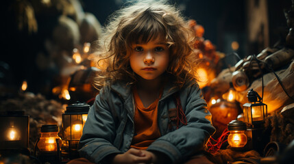 A little girl with disheveled hair, wearing a red dress and a blue sweater, is sitting looking at the camera, surrounded by lamps and Christmas lights, at night, generative AI