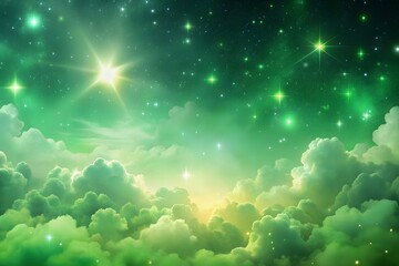 Wall Mural - green gradient mystical moonlight sky with clouds and stars phone background.