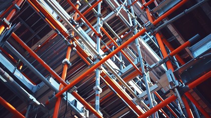 Poster - The assembly of scaffolding prioritizes stability and load-bearing capacity, employing secure fastening methods and reinforced components.