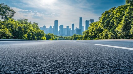 Illustration of asphalt road and city skyline background. Ai generated images